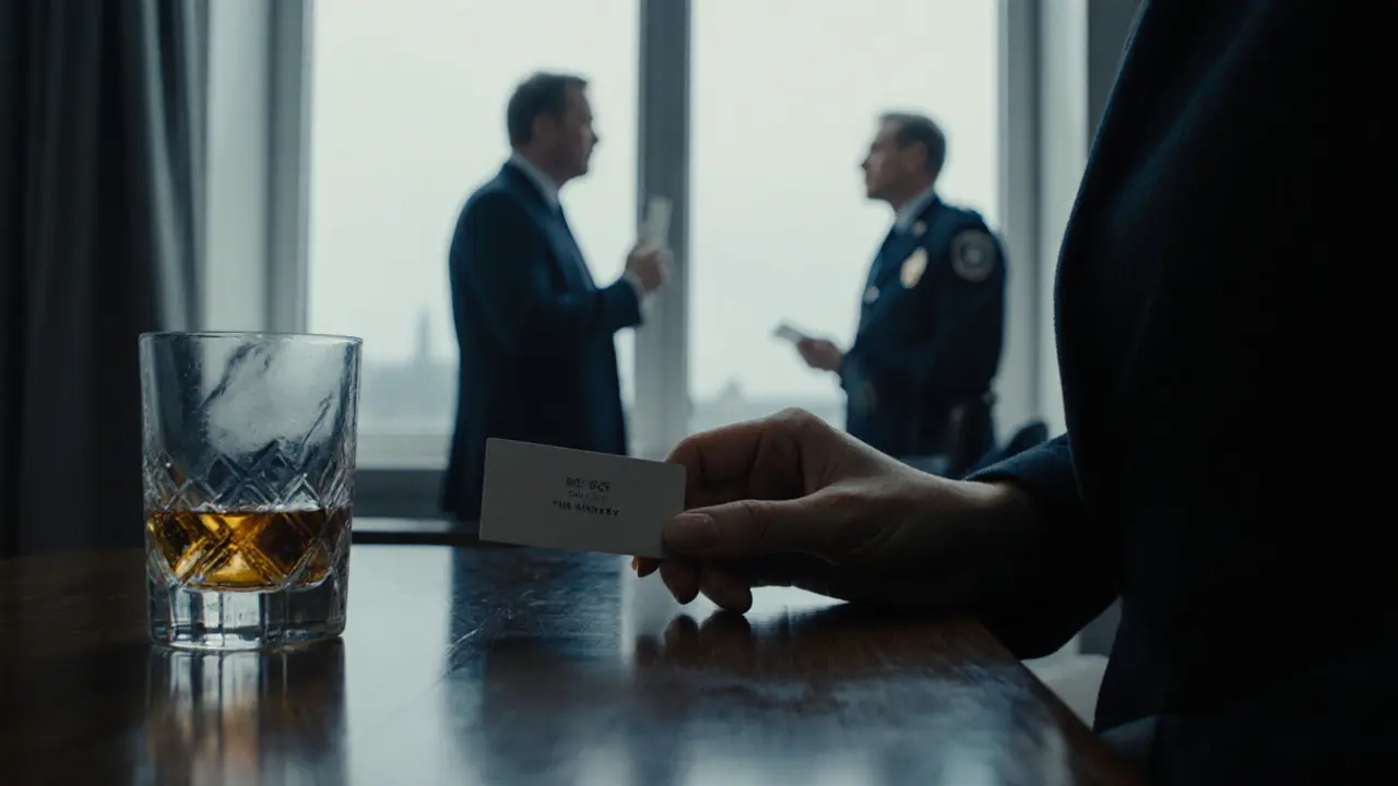 A hand placing a card on a desk, with blurred figures of powerful men reflected in a window.