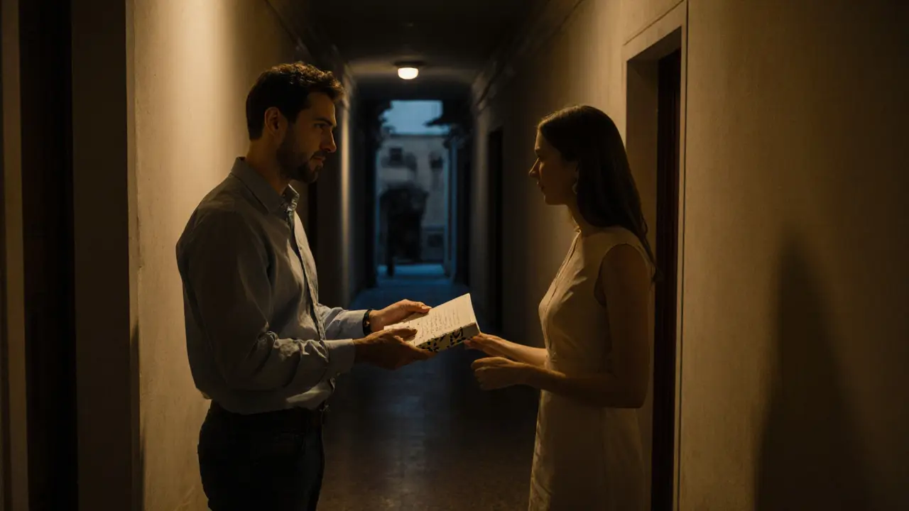 A man handing a small gift and note to an escort at a Barcelona doorway, both expressing quiet gratitude.