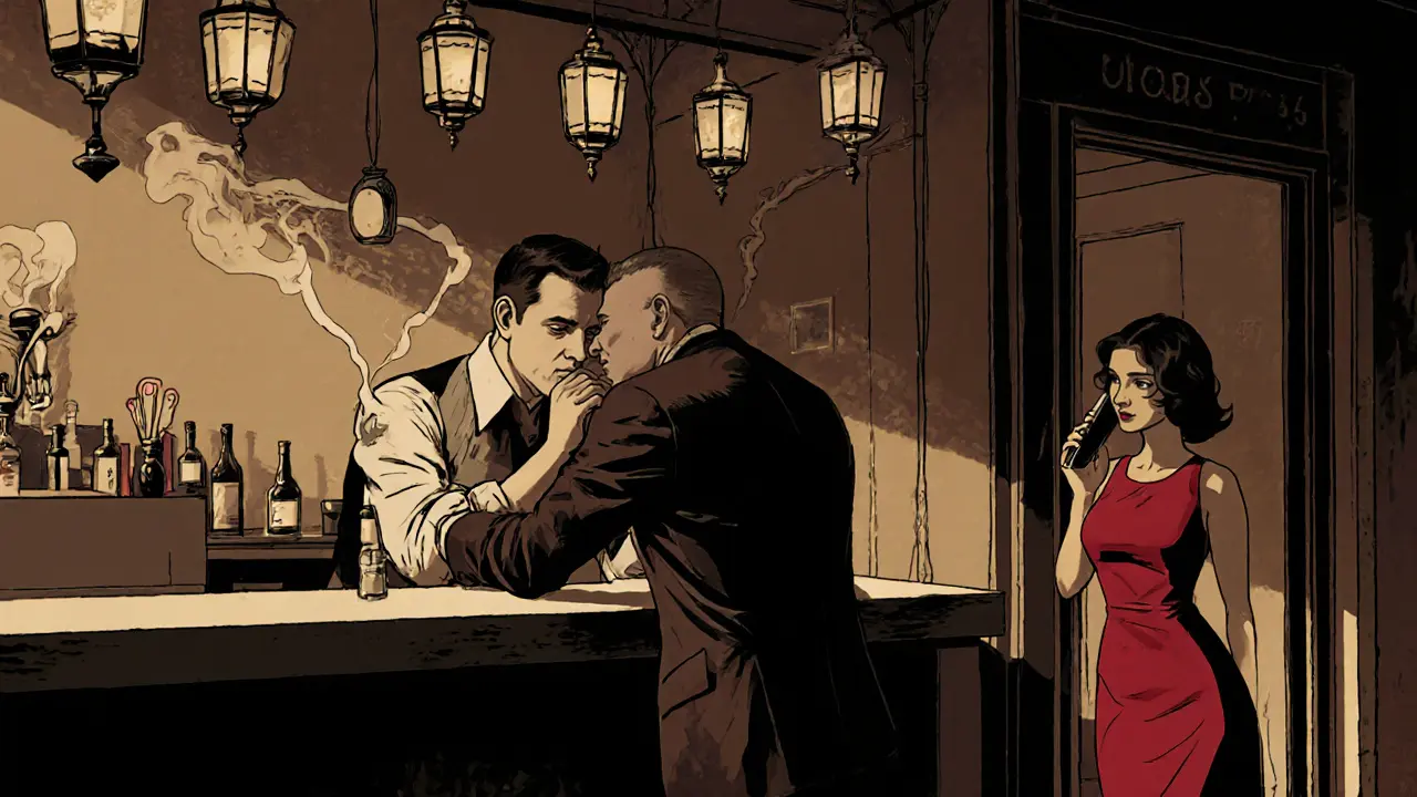 A man whispers to a bartender in a Madrid bar while a woman waits nearby, captured in moody noir style with soft lighting and smoke.