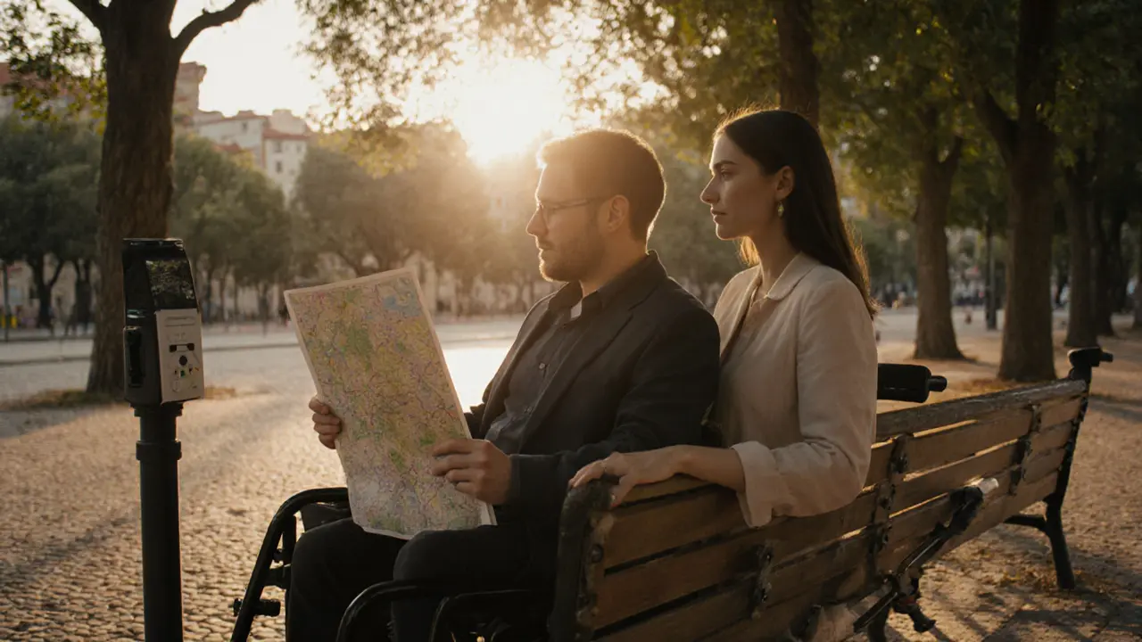 A man with quadriplegia and an escort enjoy a peaceful park moment in Lisbon, engaging through touch and sensory description.