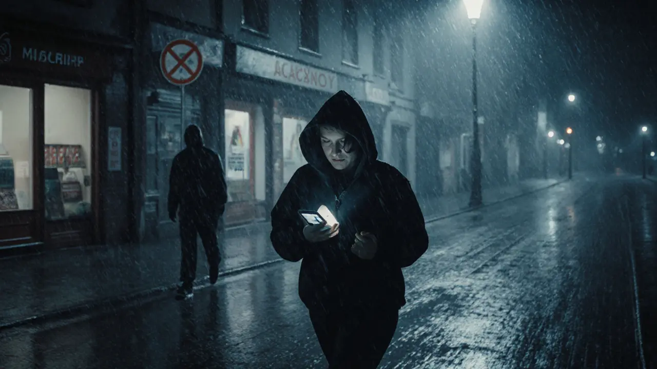 A migrant worker walks alone in a rainy Warsaw street at night, clutching an encrypted phone, shadowy figure in background.