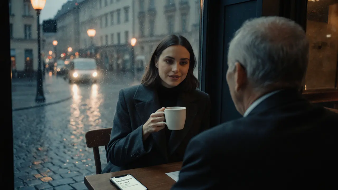 A modern companion listens attentively to a client in a rainy Berlin café, quiet and dignified.