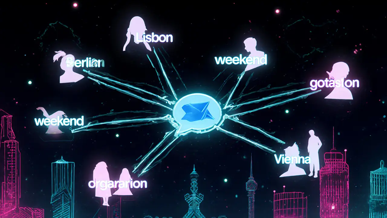 A network of glowing encrypted messages connecting silhouettes across European cities, coded phrases floating in the air, cyberpunk style.