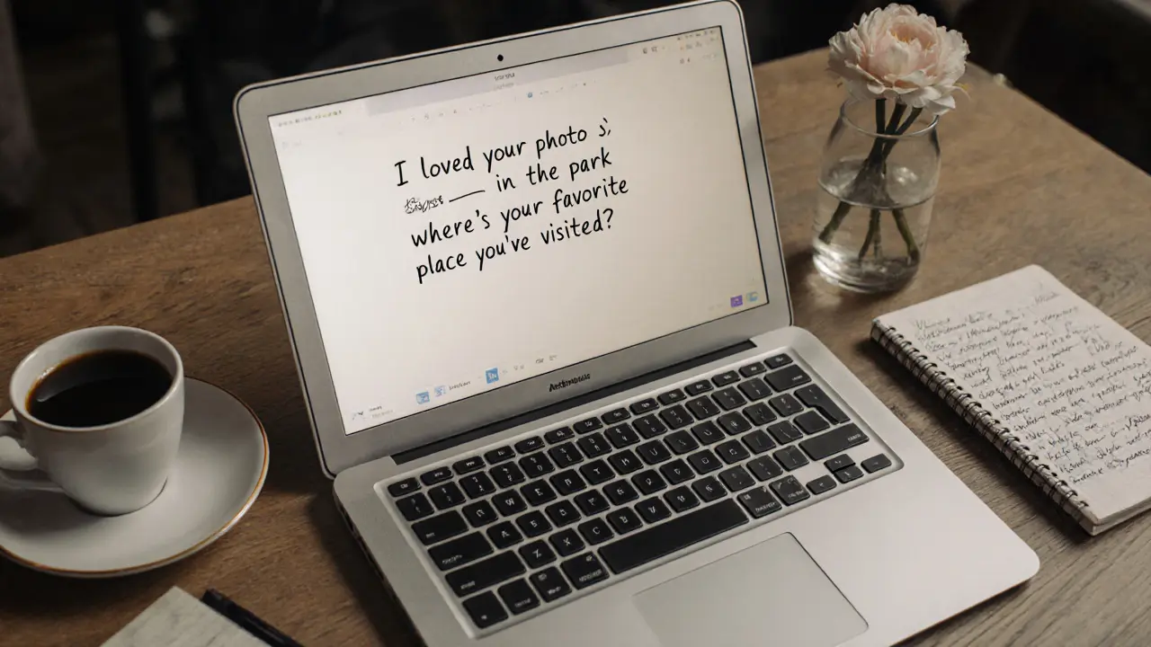 A personalized message on a laptop screen in Amsterdam, accompanied by coffee and a notebook.