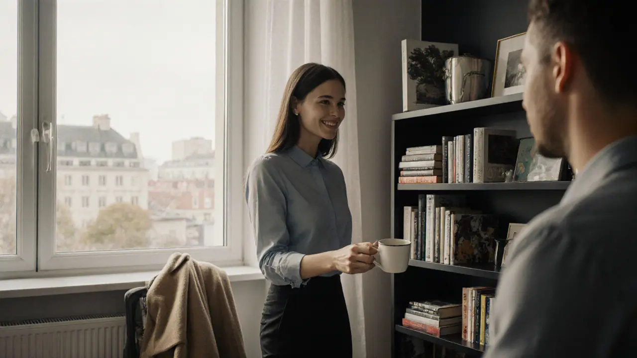 A professional companion offering tea to a guest in a light-filled Berlin apartment.