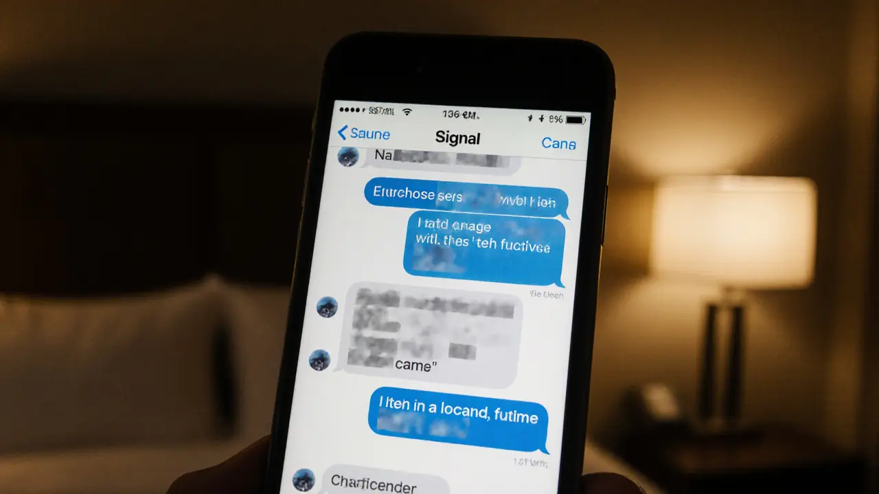 A smartphone screen showing encrypted messages about location and boundaries in a hotel room.