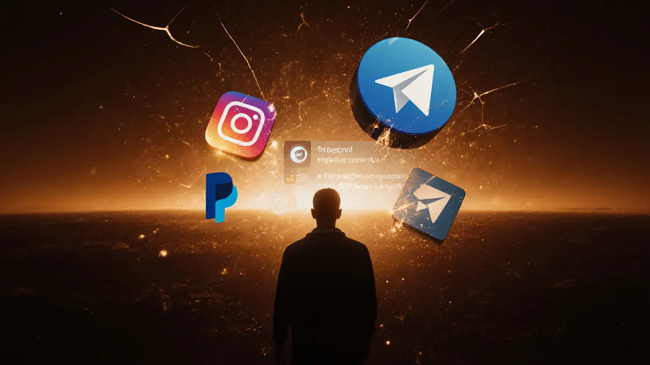 A solitary figure surrounded by fading social media logos, a faint warm glow of peer support behind them, surreal and emotional atmosphere.