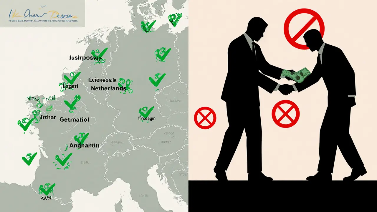 A split map of Europe showing legal sex work zones in green and buyer-criminalized zones in red, with symbolic icons.
