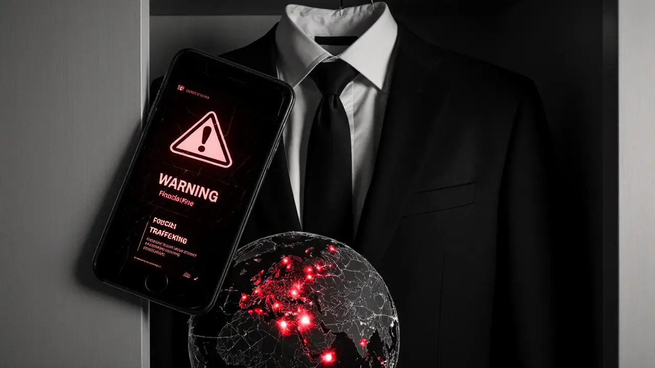 A suit hanging in a hotel closet next to a broken phone showing police warnings and red trafficking hotspots on a map of Europe.