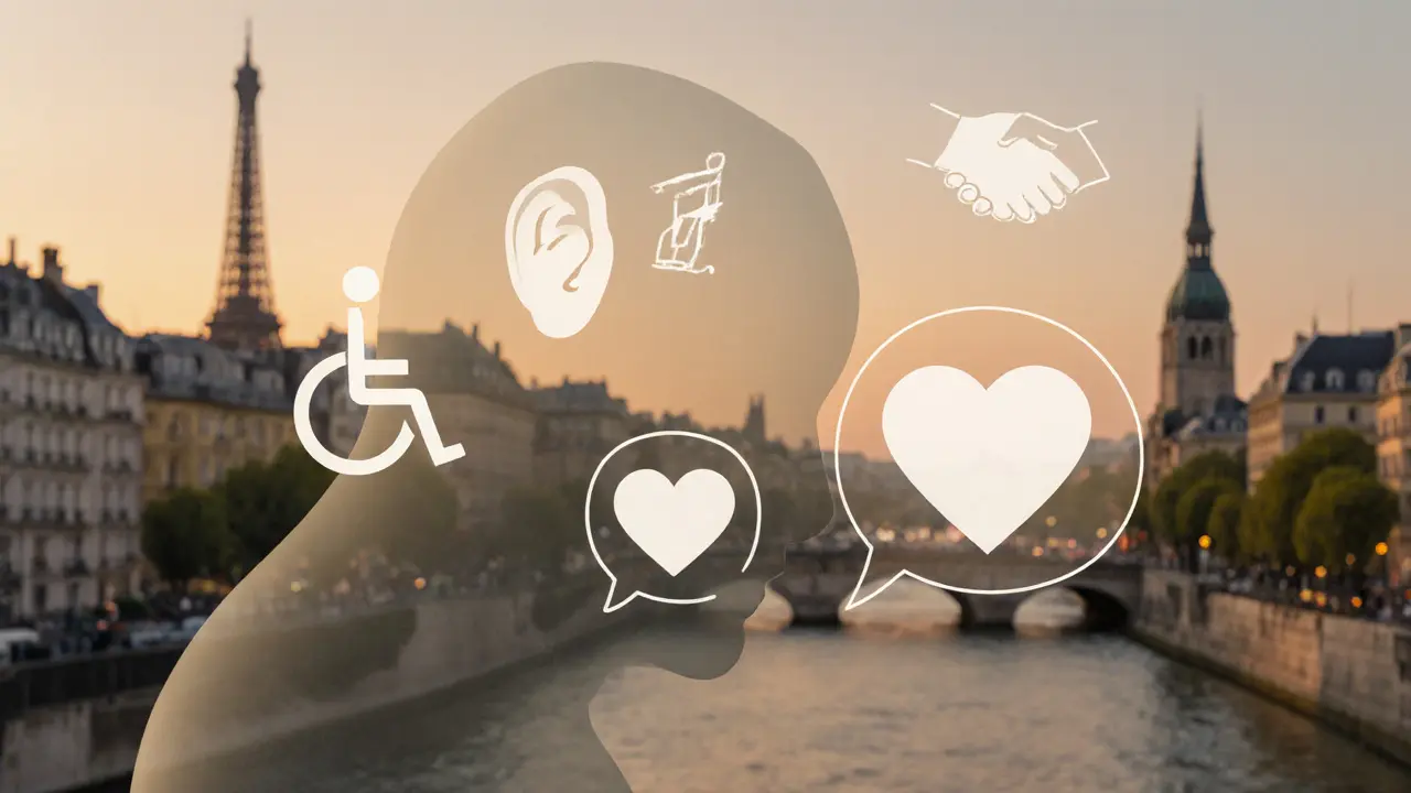 A transparent human figure filled with symbols of connection—handshake, ear, wheelchair, heart—against a soft European city backdrop.