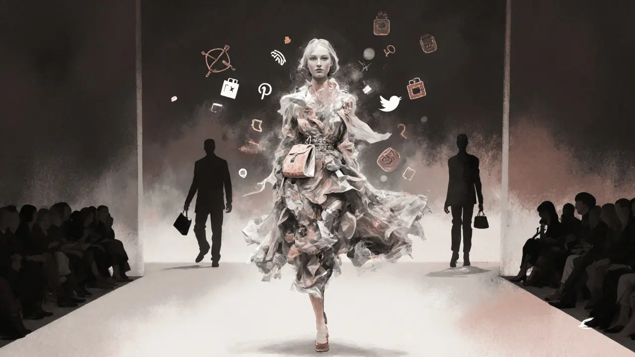 A transparent silhouette of a woman made of fashion items hovers above a runway, symbolizing unseen labor.