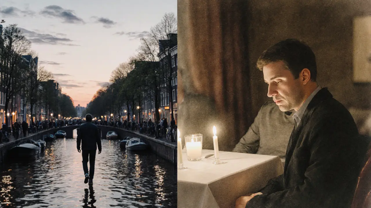 A traveler alone at dusk contrasted with the same person sharing a calm moment with a companion.