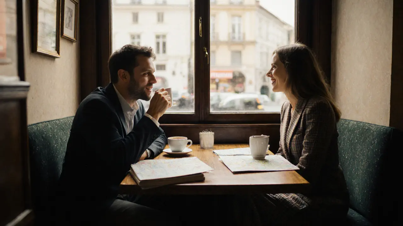 A traveler and a woman having a polite conversation in a sunlit Prague café.