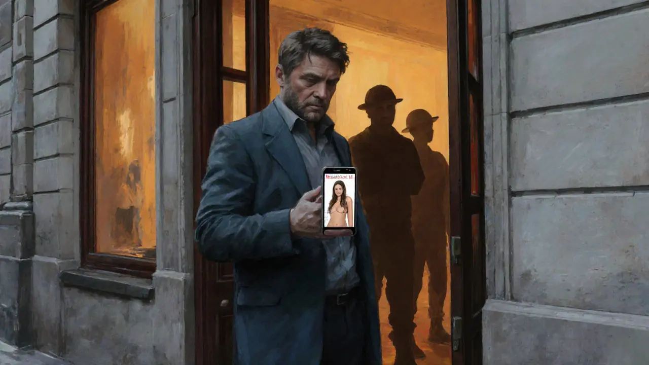 A traveler hesitates outside a hotel door, holding a phone with an escort ad, while shadowy figures fade into the wall behind him.