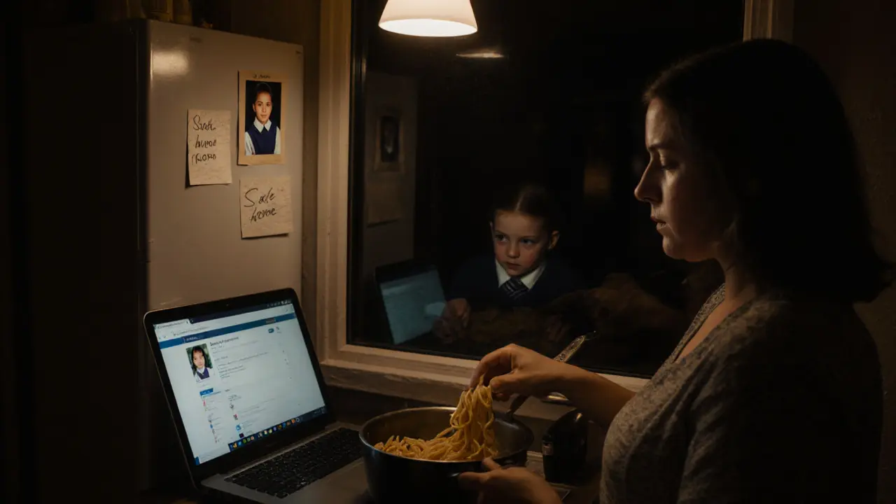 A woman cooks alone at night, a child&#039;s photo on the fridge, her reflection in the window showing silent emotion.
