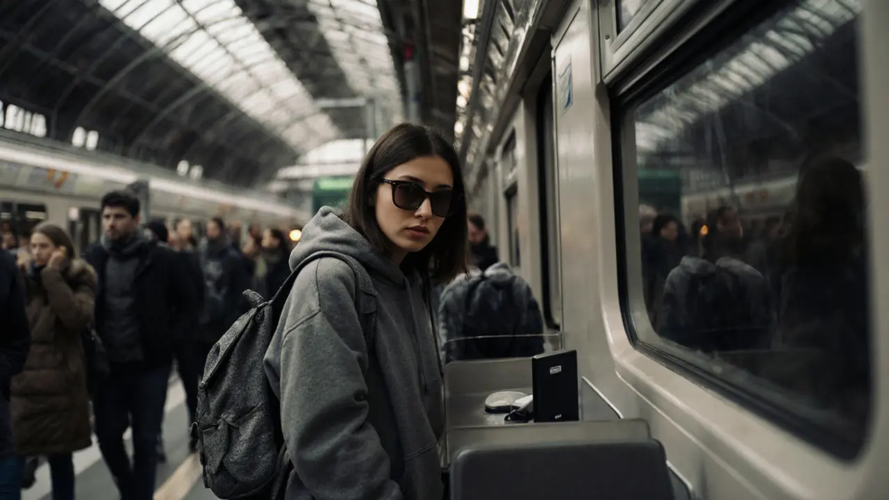 A woman in a hoodie blends into a crowded train station, carrying only a backpack with safety tools visible.