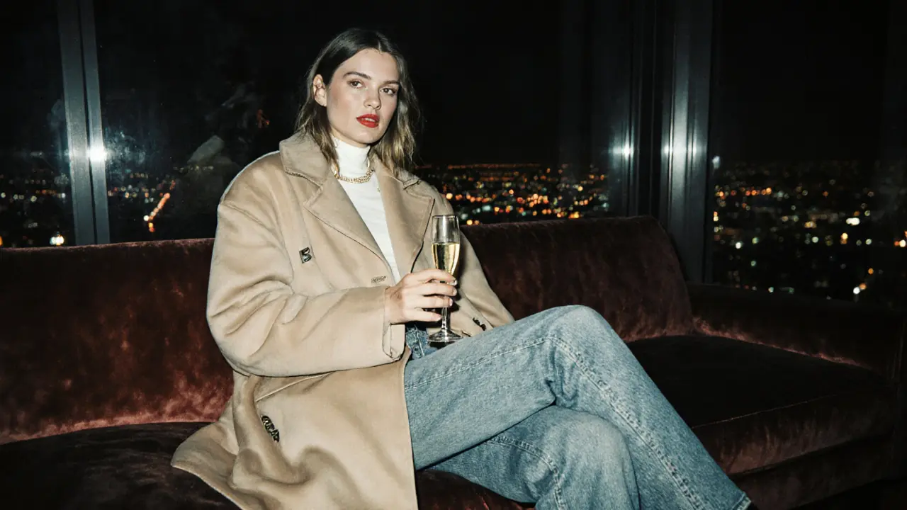A woman sits casually on a velvet sofa in a penthouse, looking authentically tired yet stylish.