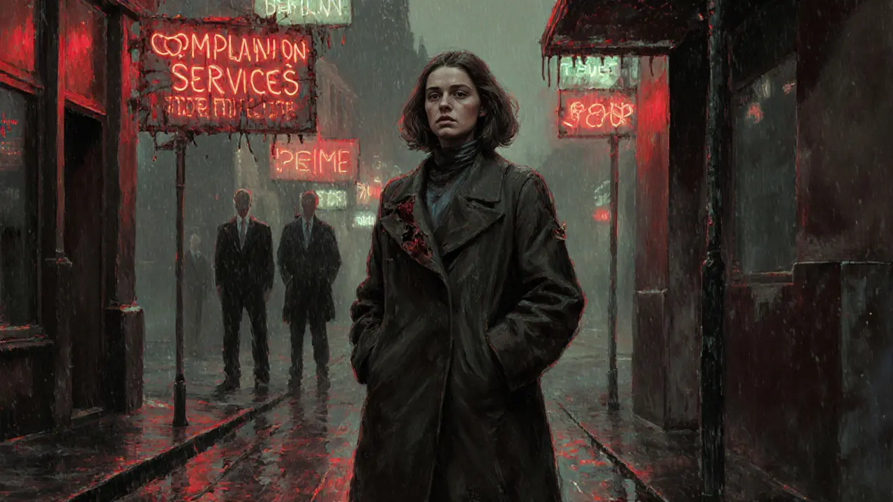A woman standing alone on a rainy European street surrounded by faded neon signs for escort services, shadowy figures behind her.