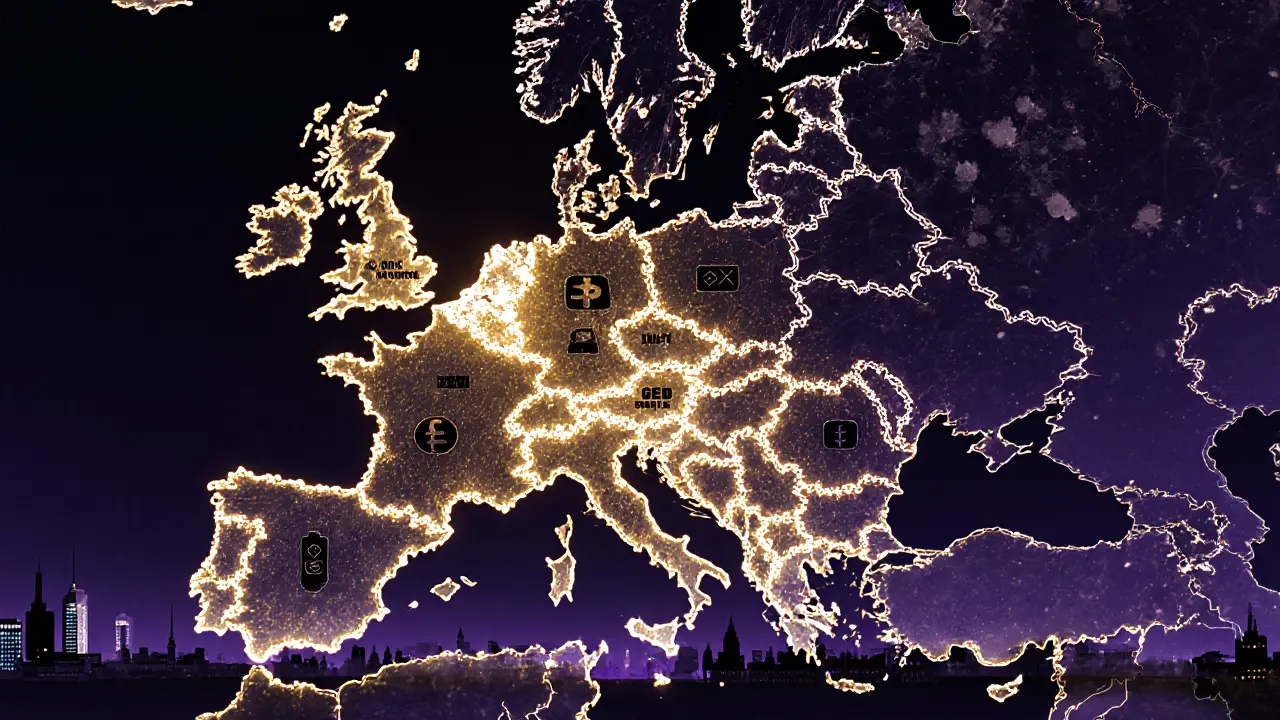 An abstract map of Europe with glowing nodes and digital symbols showing hidden connections between nightlife cities and sex work.