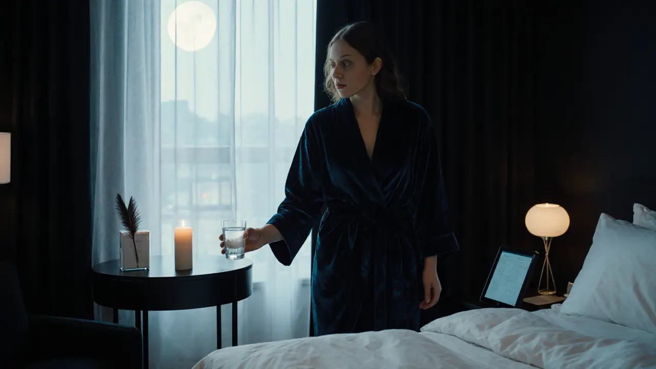 An escort offers water to a client after a session, with candlelight and hygiene props visible in a luxurious, calm setting.