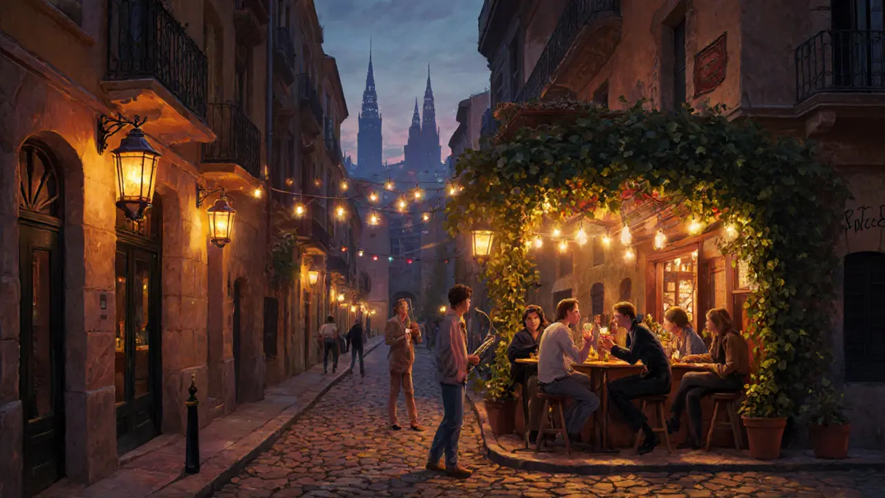 Barcelona&#039;s Gothic Quarter at night, patrons socializing on a rooftop bar with soft jazz and lantern glow.