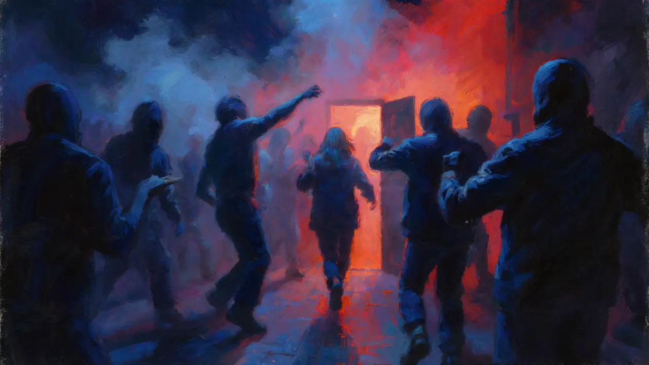 Berlin&#039;s Berghain nightclub at dawn, anonymous dancers in neon-lit haze as two exit into quiet morning streets.