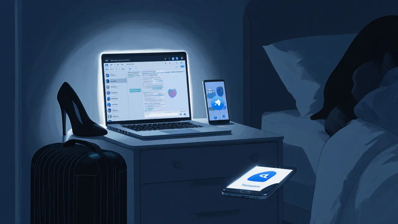 Dim hotel room with a glowing laptop and high-heeled shoe, conveying secrecy and isolation.