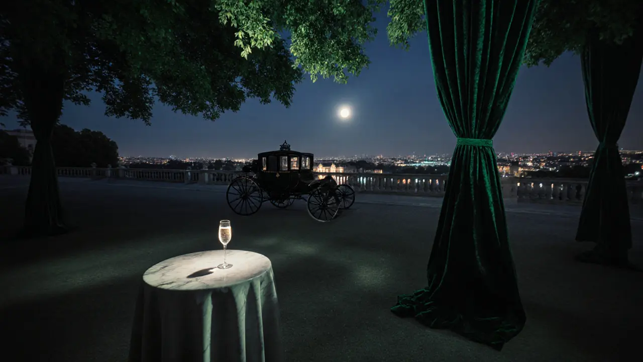 Empty carriage and sparkling wine on a marble table in Vienna’s Belvedere gardens at twilight.