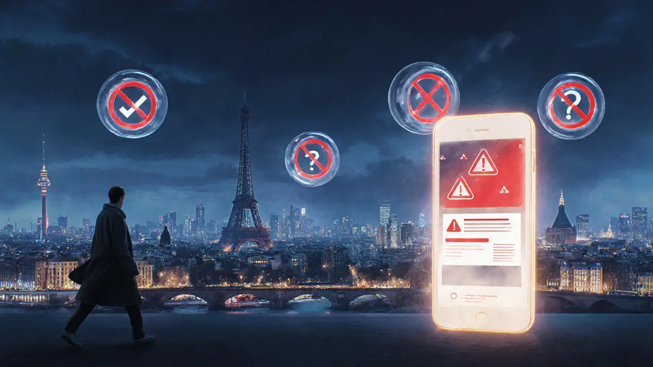 European city skyline with legal symbols floating above, figure walking away from a suspicious ad.