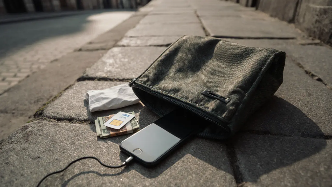 Faraday bag containing a disabled phone and prepaid SIM cards with cash on a city sidewalk.
