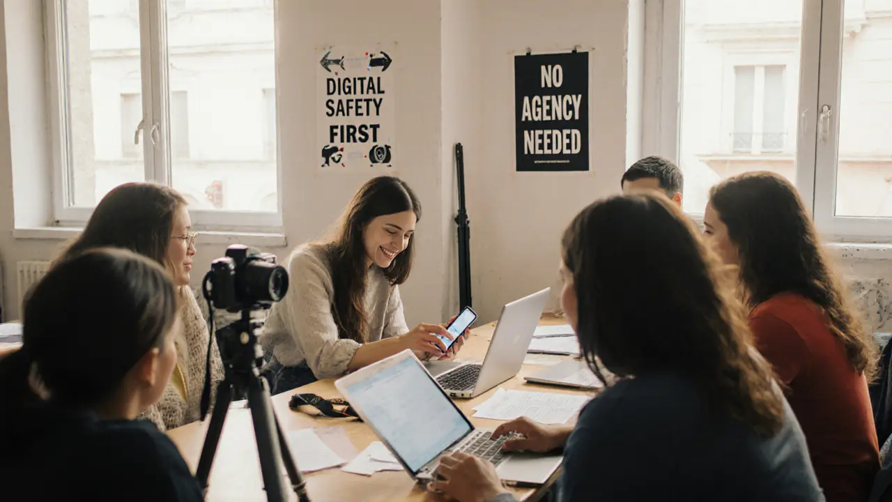 Group of sex workers in Lisbon sharing digital safety tools and contracts at a table.