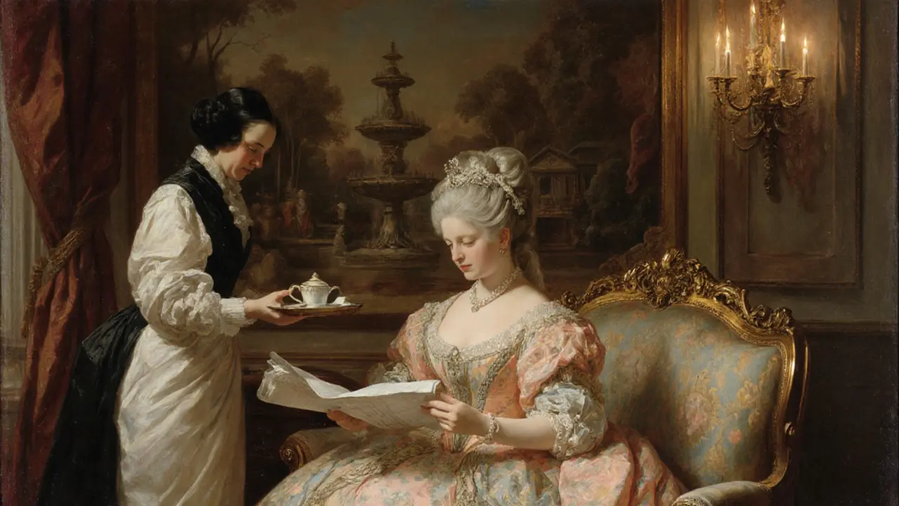 Madame de Pompadour reviews blueprints in her ornate Parisian boudoir, embodying cultural influence.