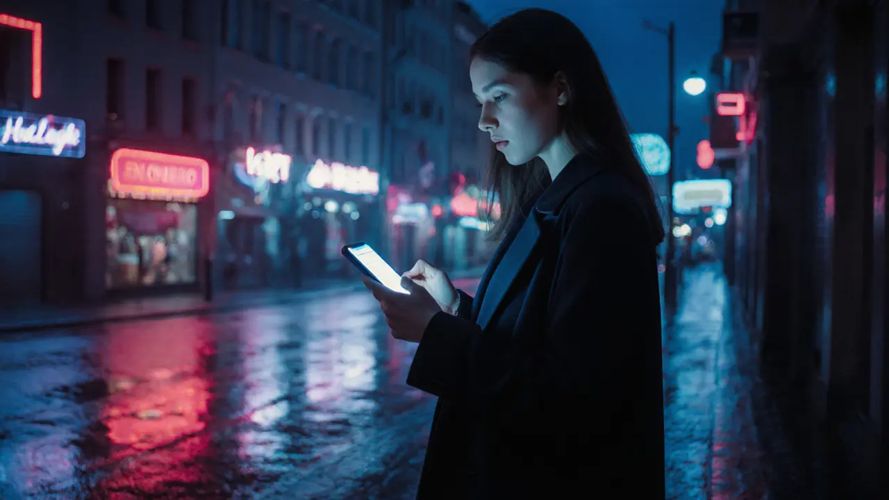 Modern woman on a rainy city street using her smartphone to screen a client at night.