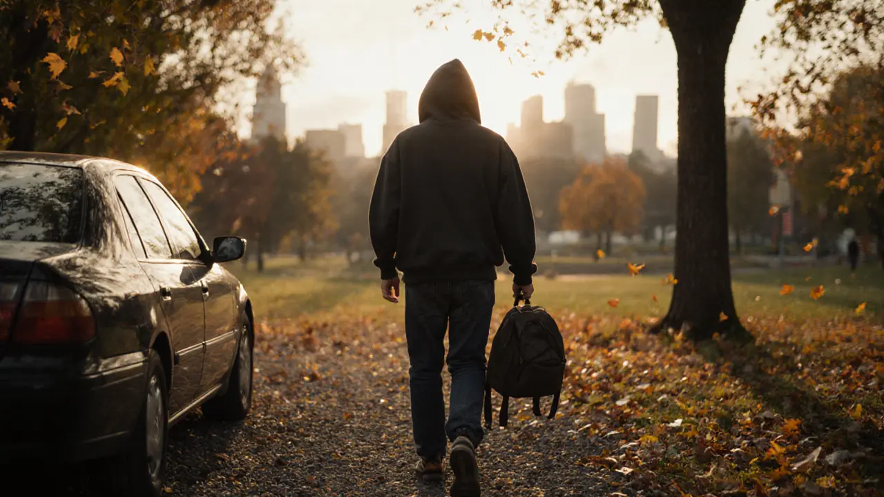 Person walking away from a rental car in a park, face hidden, carrying a backpack.