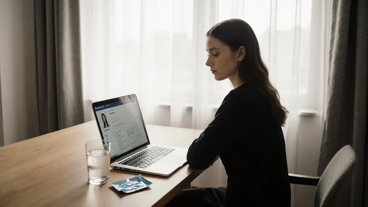 Professional escort in clean apartment with verified service details visible.