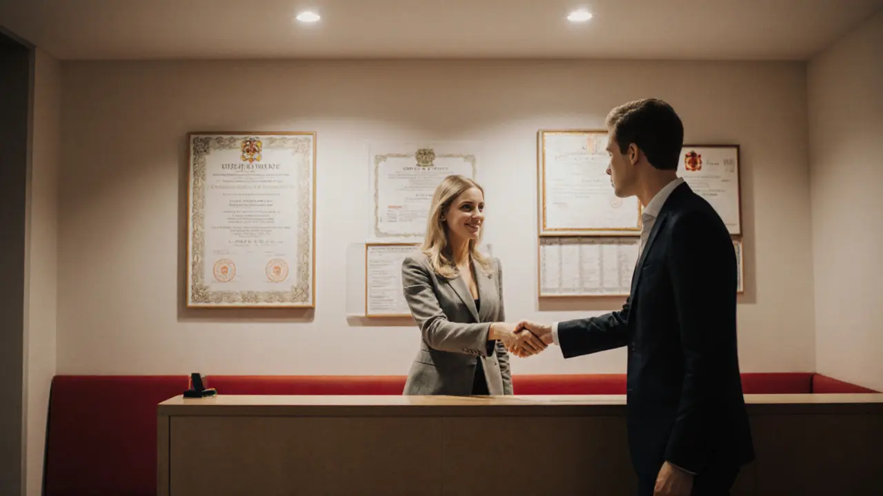 Professional woman and client shaking hands in a licensed German brothel with official documents visible.