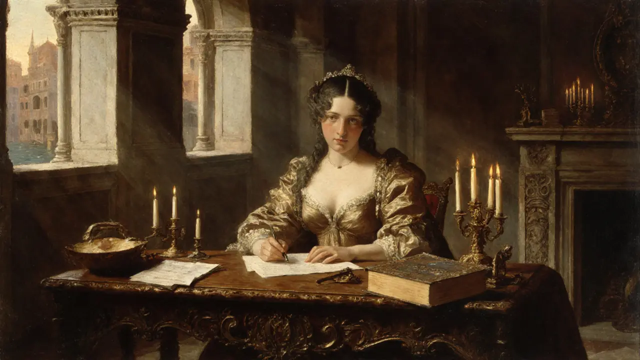 Renaissance courtesan in elegant dress writing poetry amid books and candles in Venice.