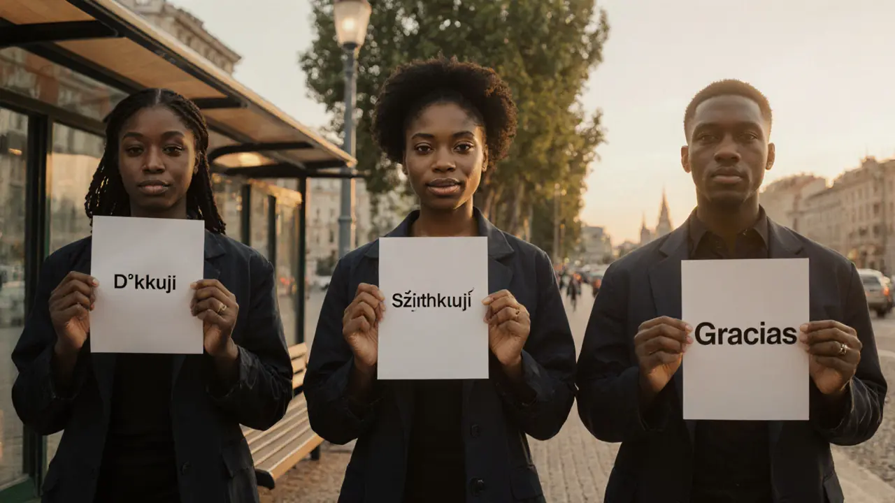 Sex workers in Lisbon, Prague, and Barcelona hold printed thanks phrases in their native languages.