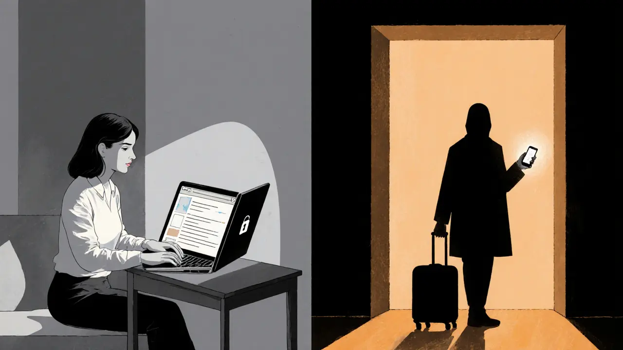 Split image contrasting independent sex work in Spain with isolated work in Eastern Europe.