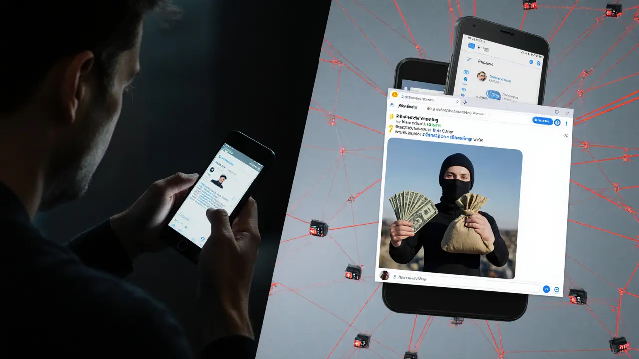 Split image: man sending crypto payment vs. scammer stealing money, with stock photo revealed in background.