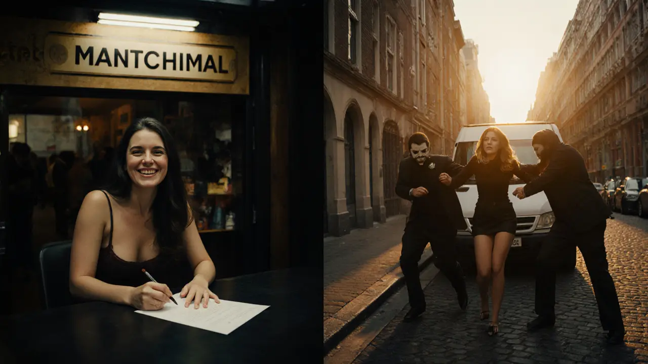 Split image showing a legal sex work registration in Amsterdam and a trafficking abduction in Budapest.