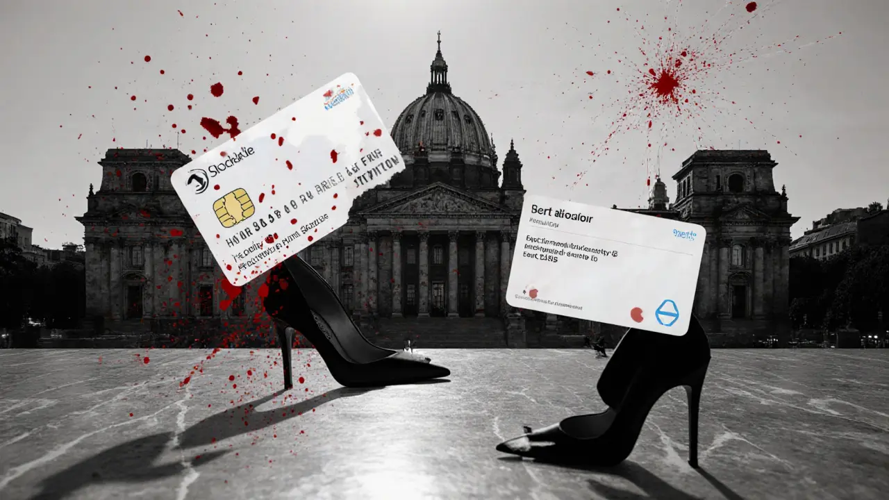 Surreal collage of European cities with hidden symbols of political secrecy and digital footprints.