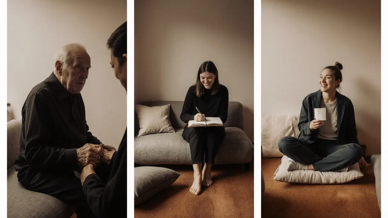 Three clients experience emotional companionship in a Lisbon lounge, each in a moment of quiet connection.