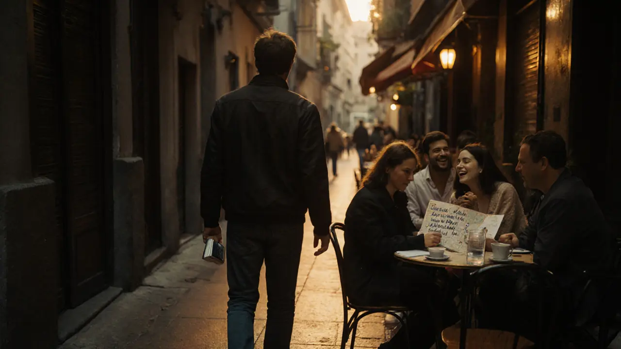 Traveler entering cozy café, leaving behind risky area, holding travel map.