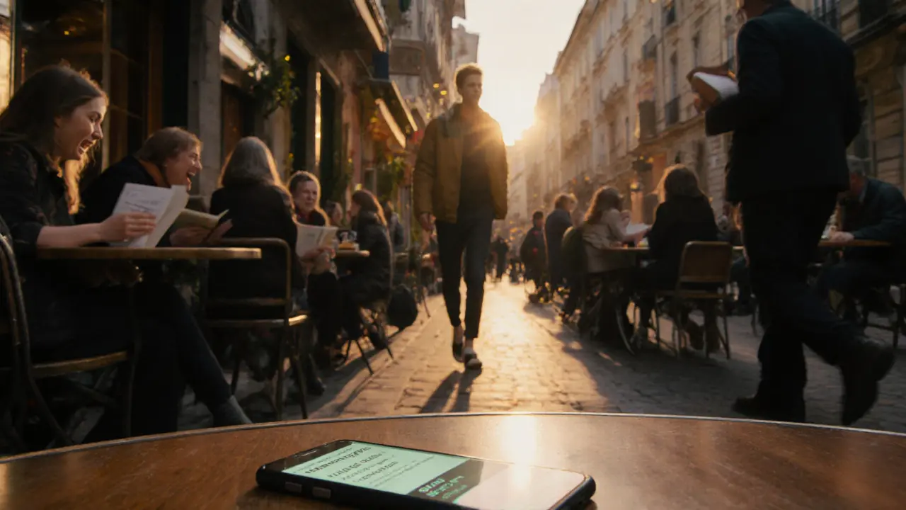 Traveler in a cozy European café, discarded phone showing scam ad beside him, warm evening light.