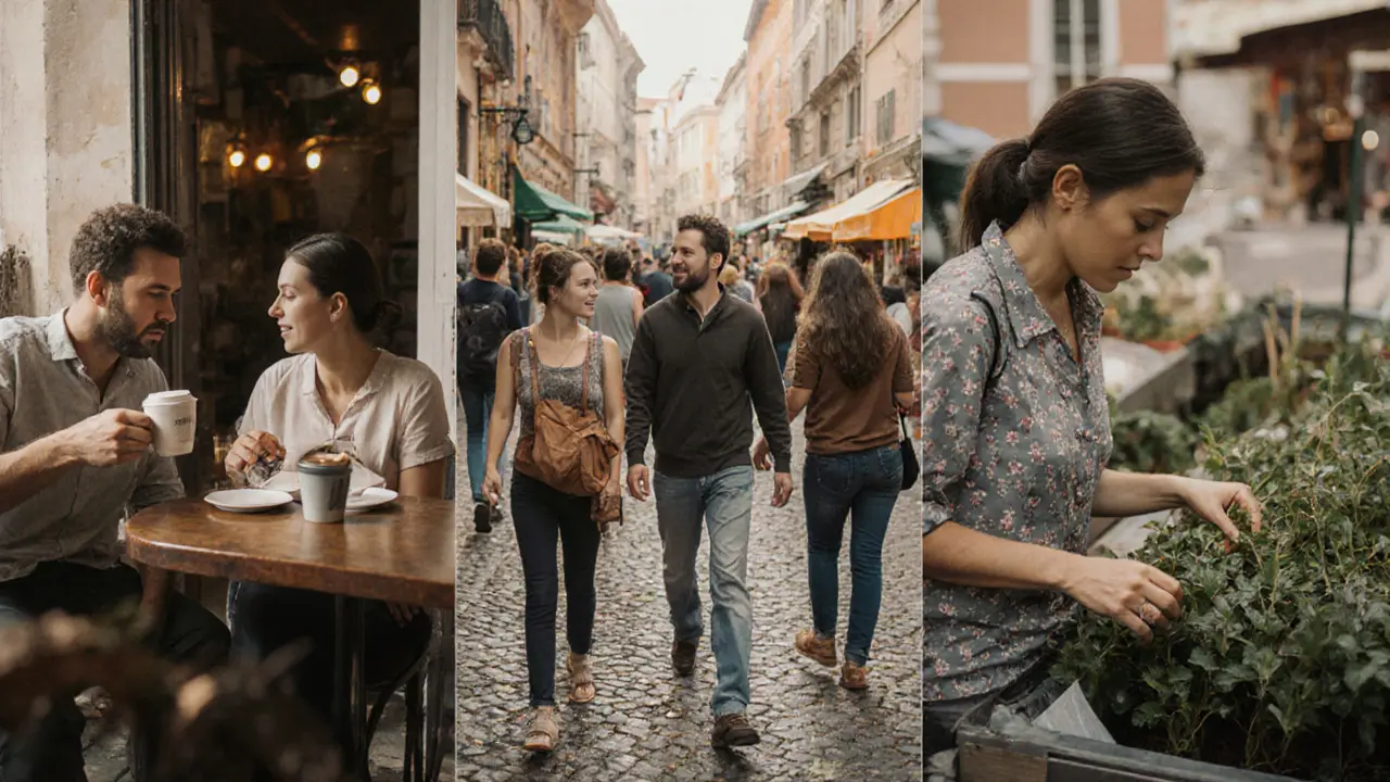 Travelers connecting with locals through coffee, guided walks, and community volunteering in European cities.