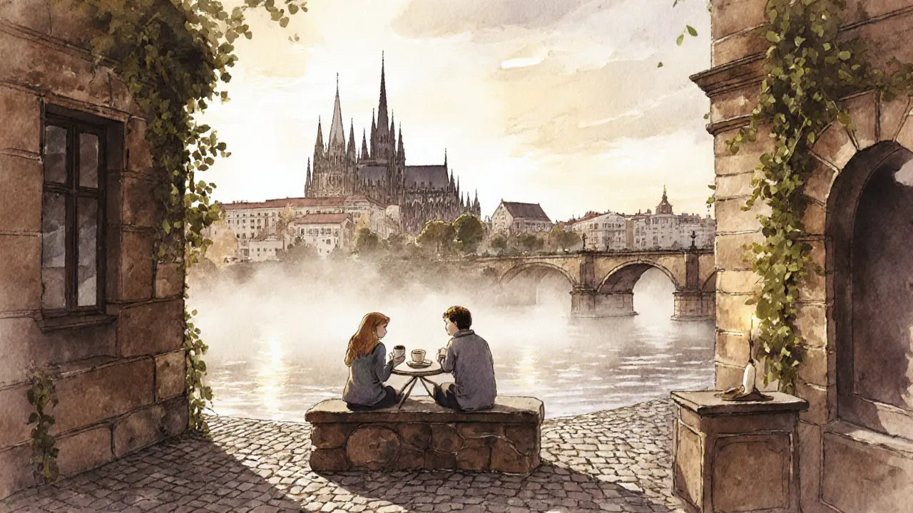 Two figures sharing coffee in a misty Prague courtyard at sunrise, Gothic spires behind them.