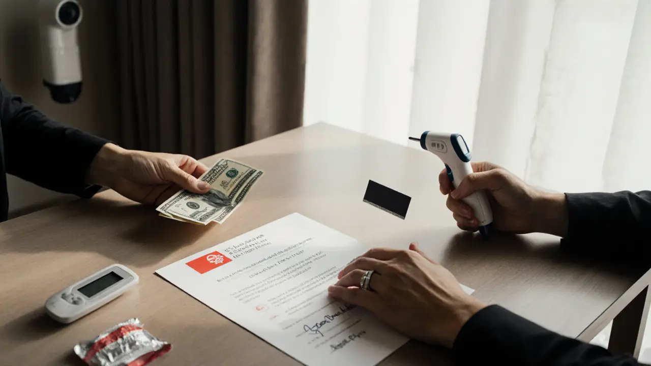 Two hands exchanging cash and health certificate in a hotel room with safety items visible.