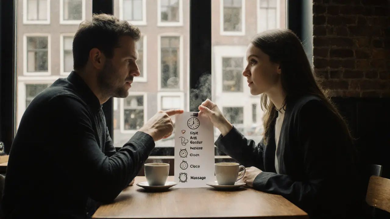 Two people in an Amsterdam café use visual icons to communicate services and time limits.