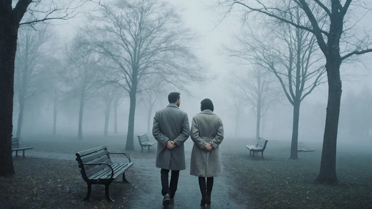 Two people walk peacefully through a winter park in Stockholm, sharing quiet conversation, no touching.
